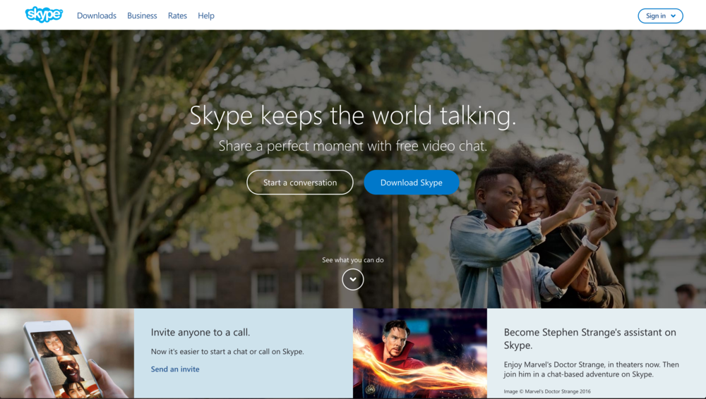 skype.com homepage featuring photographic design